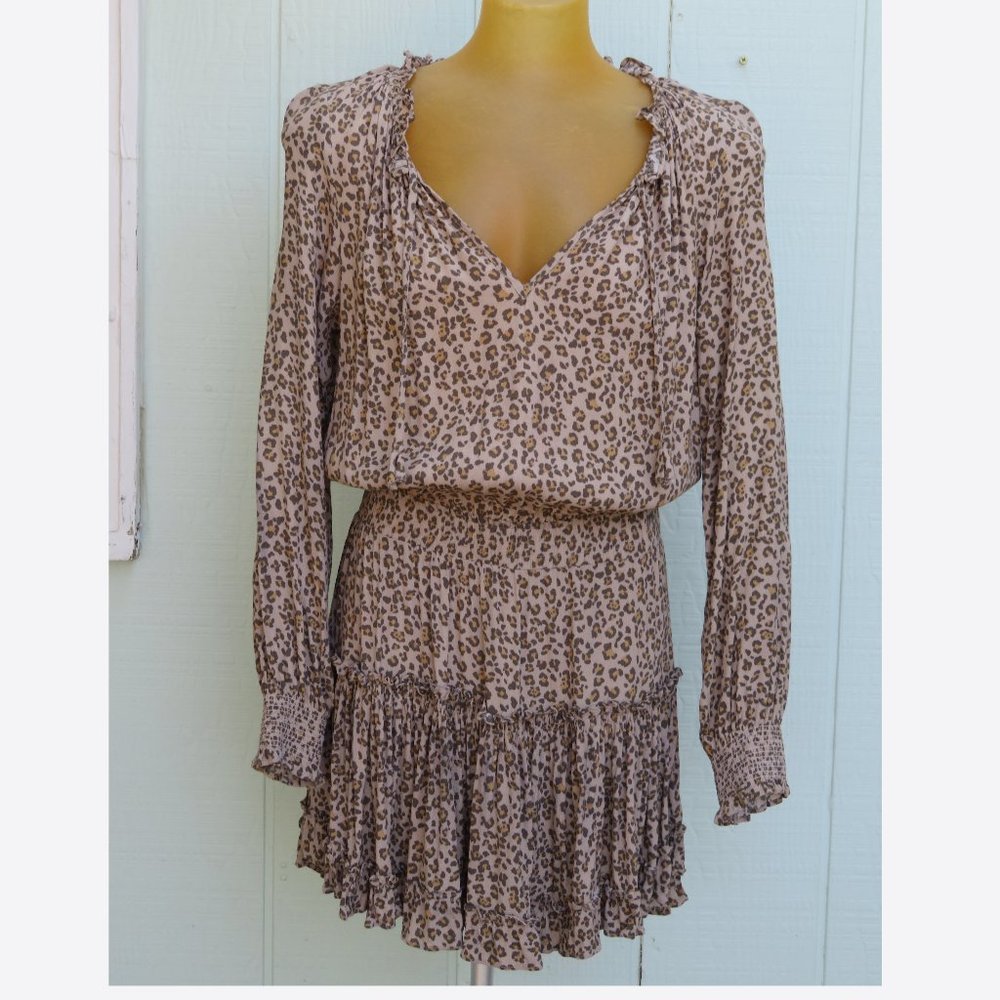 Sky To Moon Leopard Dress Sz L Smocked Waist Long Sleeve Ruffle